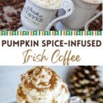 An image of pumpkin spice-infused Irish coffee with whipped cream and cinnamon on top.