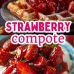Homemade strawberry compote drizzled over a waffle, perfect for desserts.