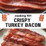 Sizzling turkey bacon cooking in a frying pan, with golden-brown edges.