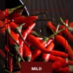 A close-up photo of a red bucket filled with many cayenne peppers.