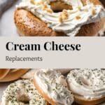 A photo of a plate of bagels with cream cheese.