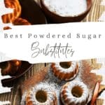 A bowl of powdered sugar sits next to a plate of donuts on a dark wooden cutting board.