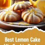 A close-up image of a wooden cutting board piled high with soft, round lemon cookies.