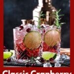 Glasses of cranberry cocktail with cranberry, rosemary, and lime.