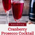 A sparkling cranberry prosecco cocktail in a glass garnished with fresh cranberries.