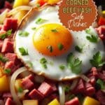 A skillet filled with a hash of diced corned beef and cubed, fried potatoes.