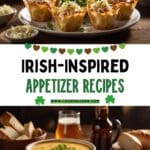A collage of colorful Irish appetizer ideas for St. Patrick's Day includes, reuben wonton cups, and irish ale and cheese soup.