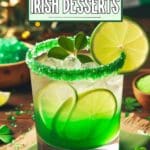 A tall glass filled with irish margarita on a wooden table.