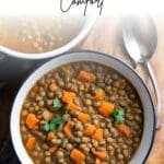 A close-up view of a bowl of instant pot lentil soup.