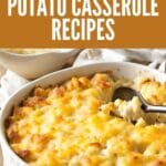 A close-up photo of a comforting potato casserole with a cheesy, bubbly potato.