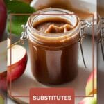 A photo of a glass jar of apple butter on a wooden table.