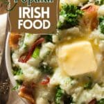 Homemade irish potato colcannon with greens and pork.