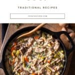 Chicken wild rice soup in a cast iron dutch oven.