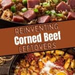 A collage of two food dishes. The top side shows corned beef fried rice. The bottom side shows a corned beef hash.