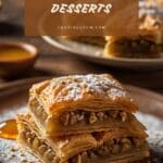 A stack of baklava pastry slices on a plate.