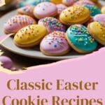 A plate of Easter cookies with colorful frosting and sprinkles.