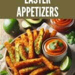 A plate of avocado fries, coated in a crispy batter, with a side of dipping sauce on a wooden table.