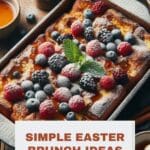 A rectangular casserole dish filled with French toast bake on a wooden table.