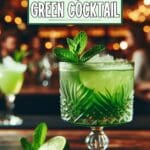 A green colored cocktail in a glass sits on a wooden table.