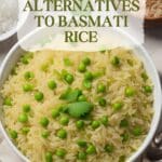 A photo of a bowl of basmati rice and green peas.