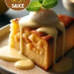 A pie is drizzled with a custard sauce.