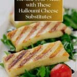 A close-up photo of a grilled halloumi cheese sandwich on a white plate.