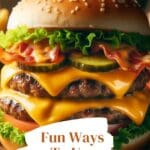 A tantalizing close-up of a cheesy cheese burger, its juicy patty overflowing with molten cheese that cascades down its sides, creating a symphony of textures and flavors.