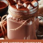 A cup of hot chocolate with marshmallows and cinnamon sticks on top.