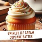 A close-up photo of a cupcake with vanilla frosting and sprinkles.