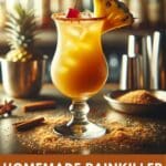 A close-up photo of a homemade spiced rum painkiller cocktail in a rocks glass on a wooden table.