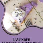A slice of lavender cheesecake on a white plate. The cheesecake is light purple and has a graham cracker crust.