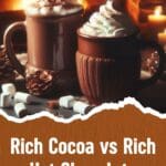 Two steaming mugs of hot cocoa and hot chocolate sit on a wooden table in front of a fireplace.