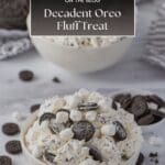 A white bowl filled with Decadent Oreo Fluff dessert.