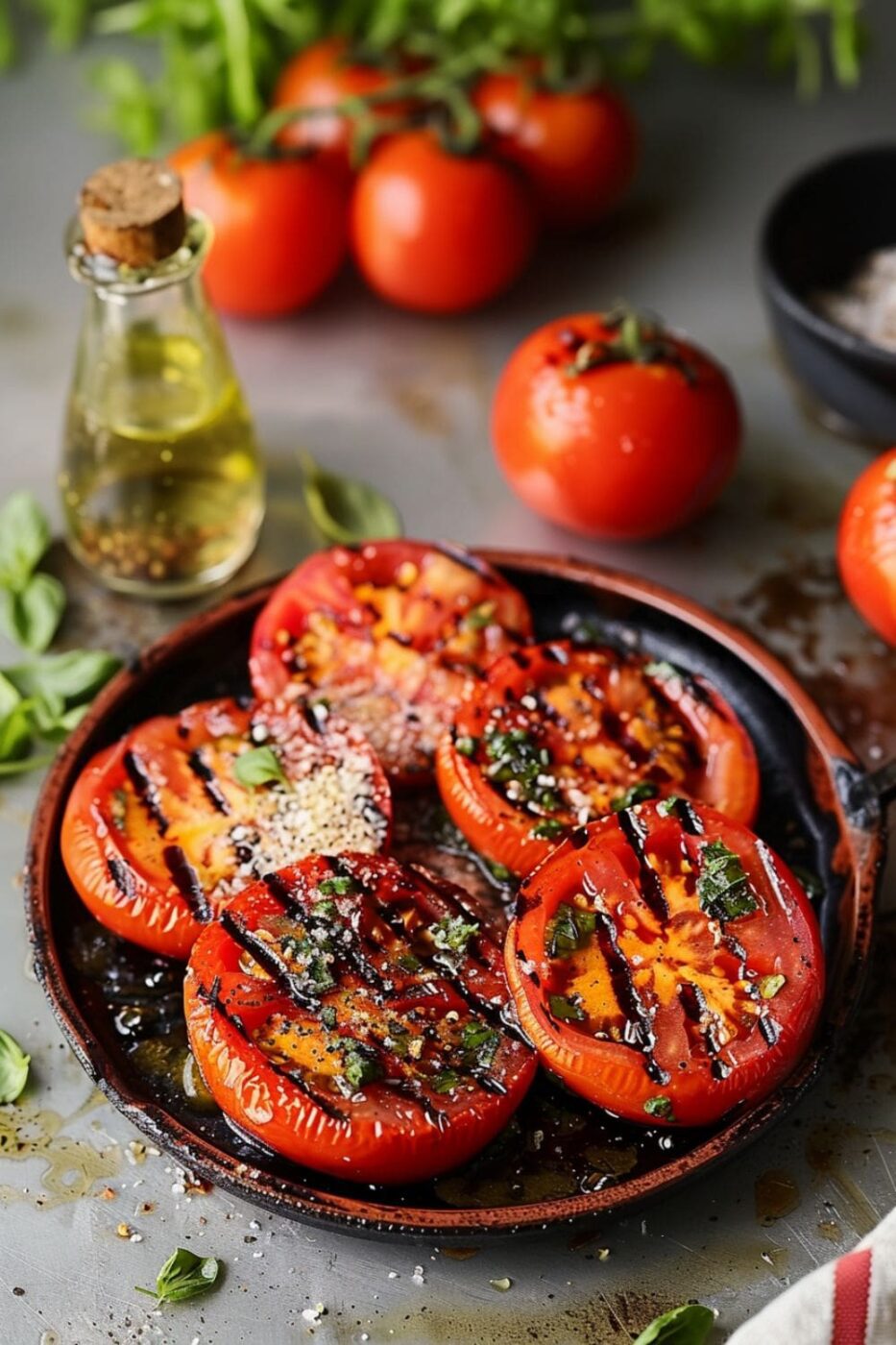 Slices of grilled tomatoes with visible char marks and herbs on a plate.