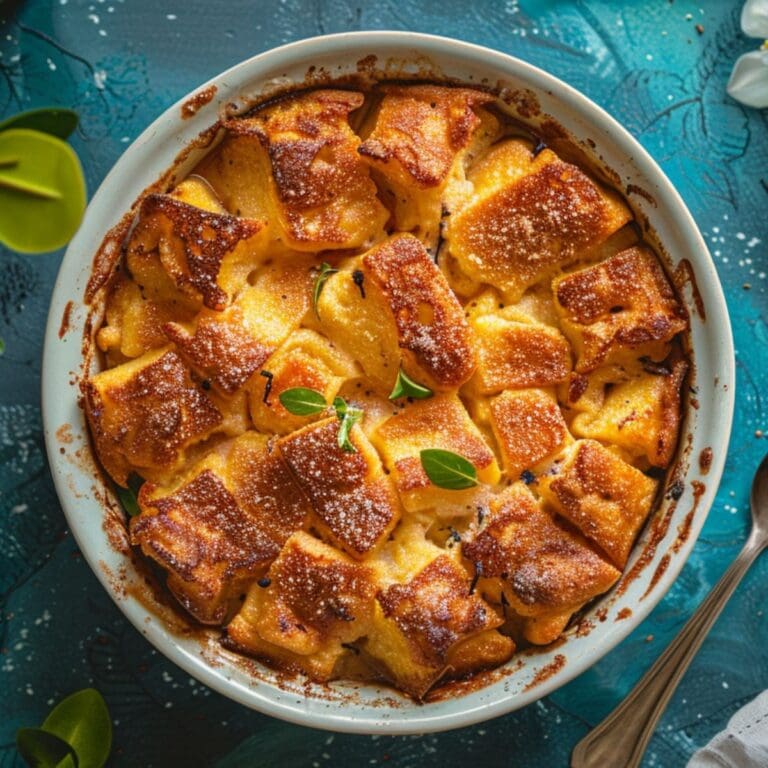 A bowl of bread chai spiced french toast casserole sits on a blue background.