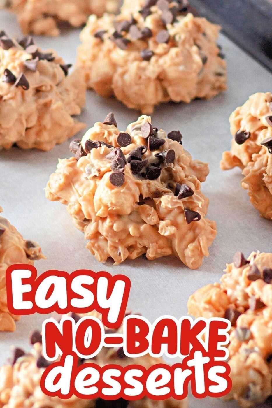 No bake cookies made with peanut butter, melted white chocolate and mini chocolate chips. 