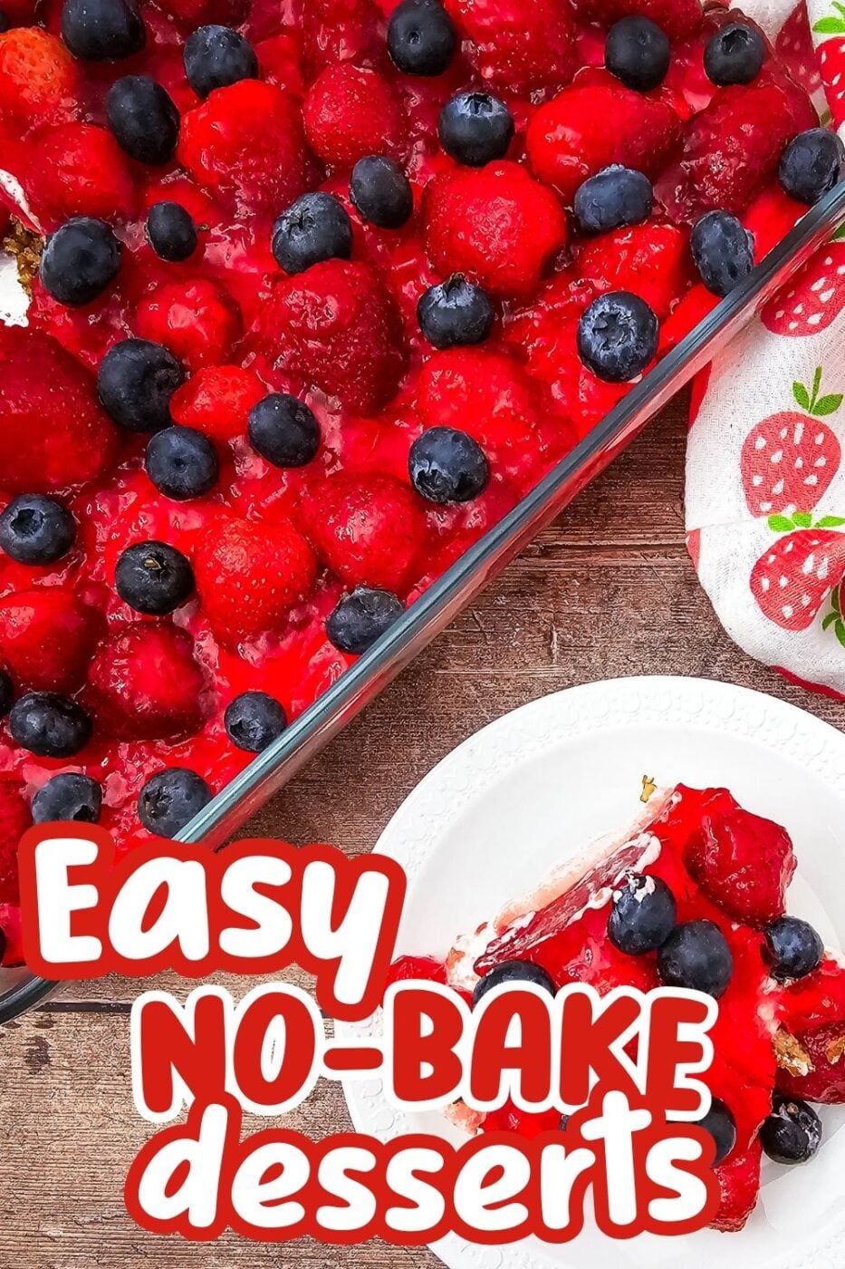 A casserole dish with homemade pretzel-crust, creamy filling and a mixed berry topping