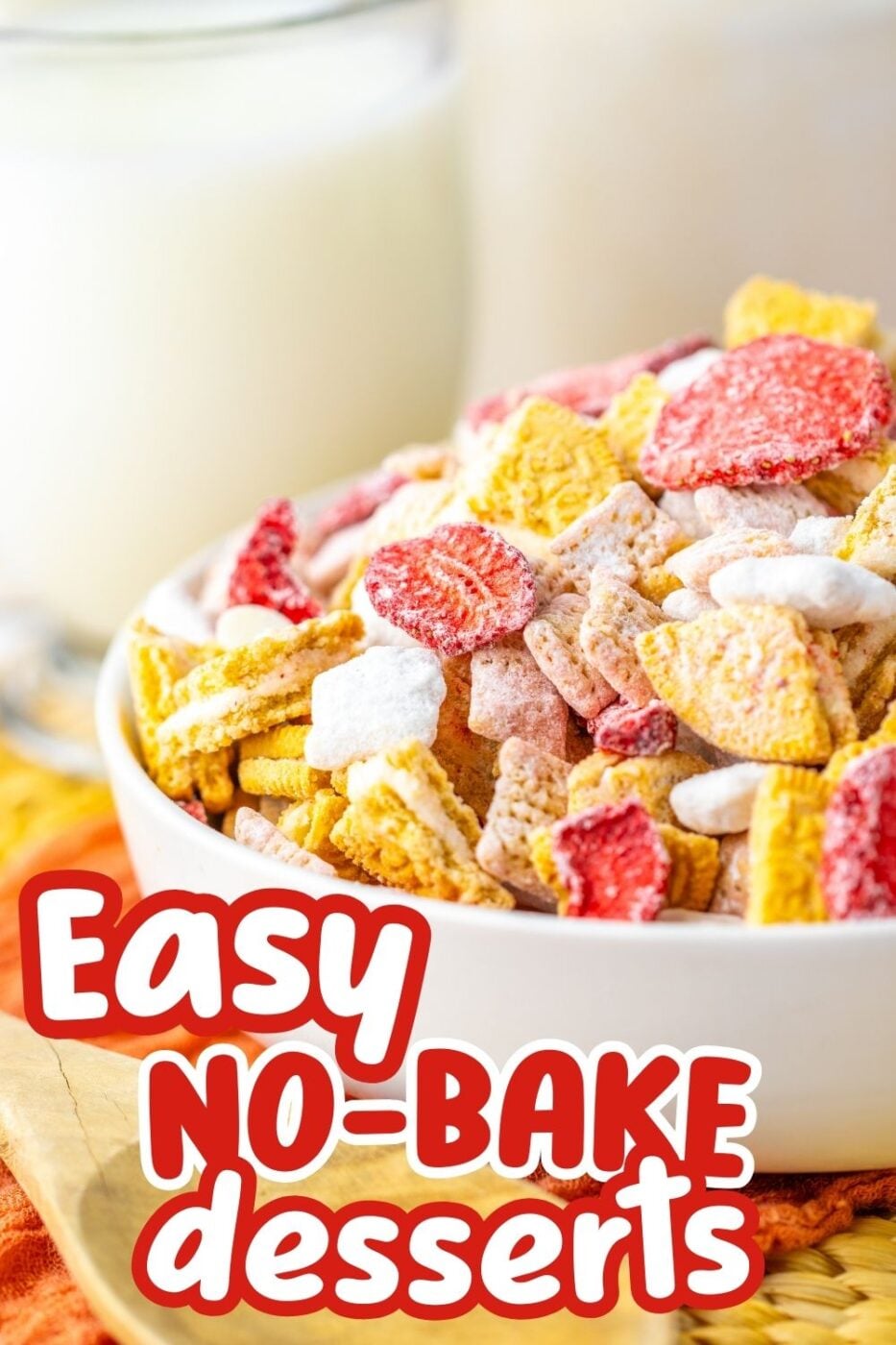 A sweet snack made with dehydrated strawberries, vanilla coated chex mix, and pieces of Golden OREOs. 