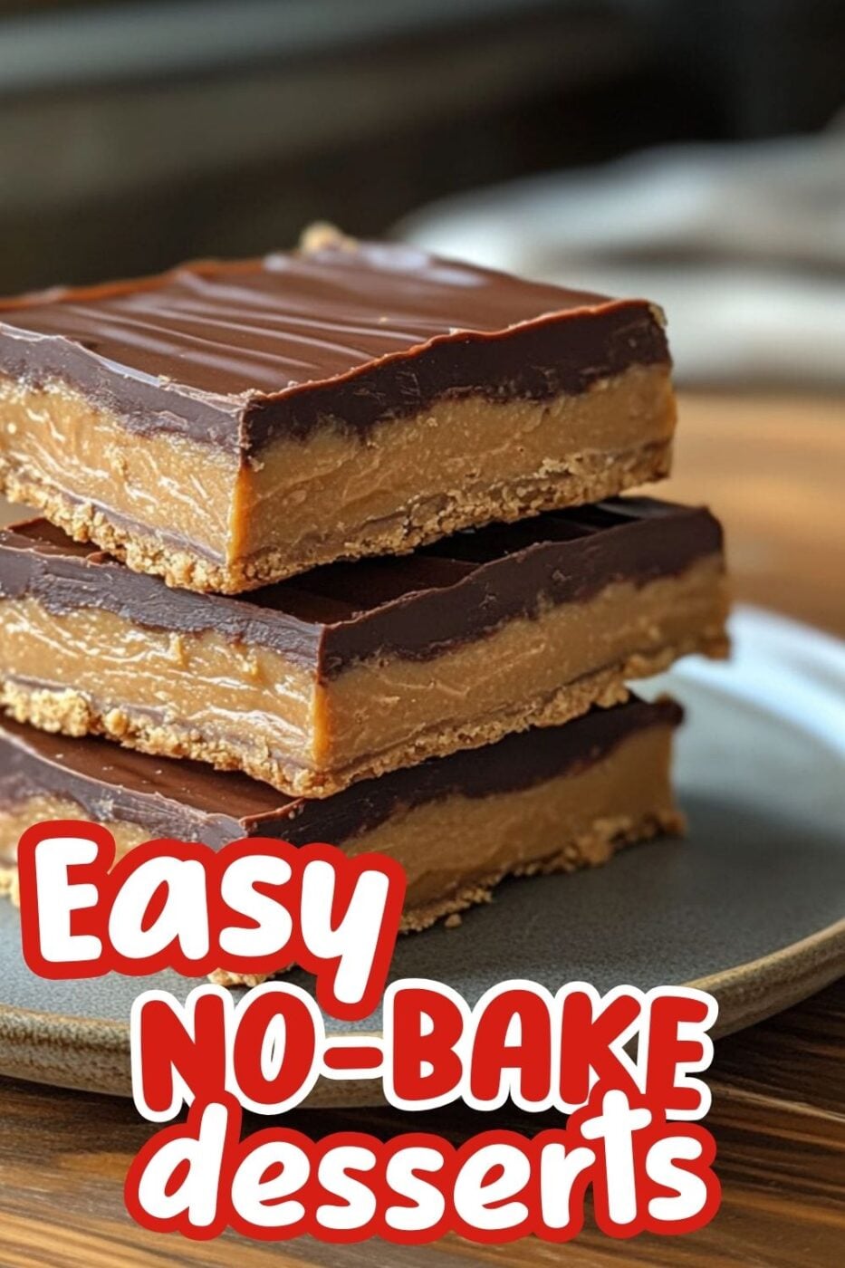 Homemade squares of no bake peanut butter and chocolate bars