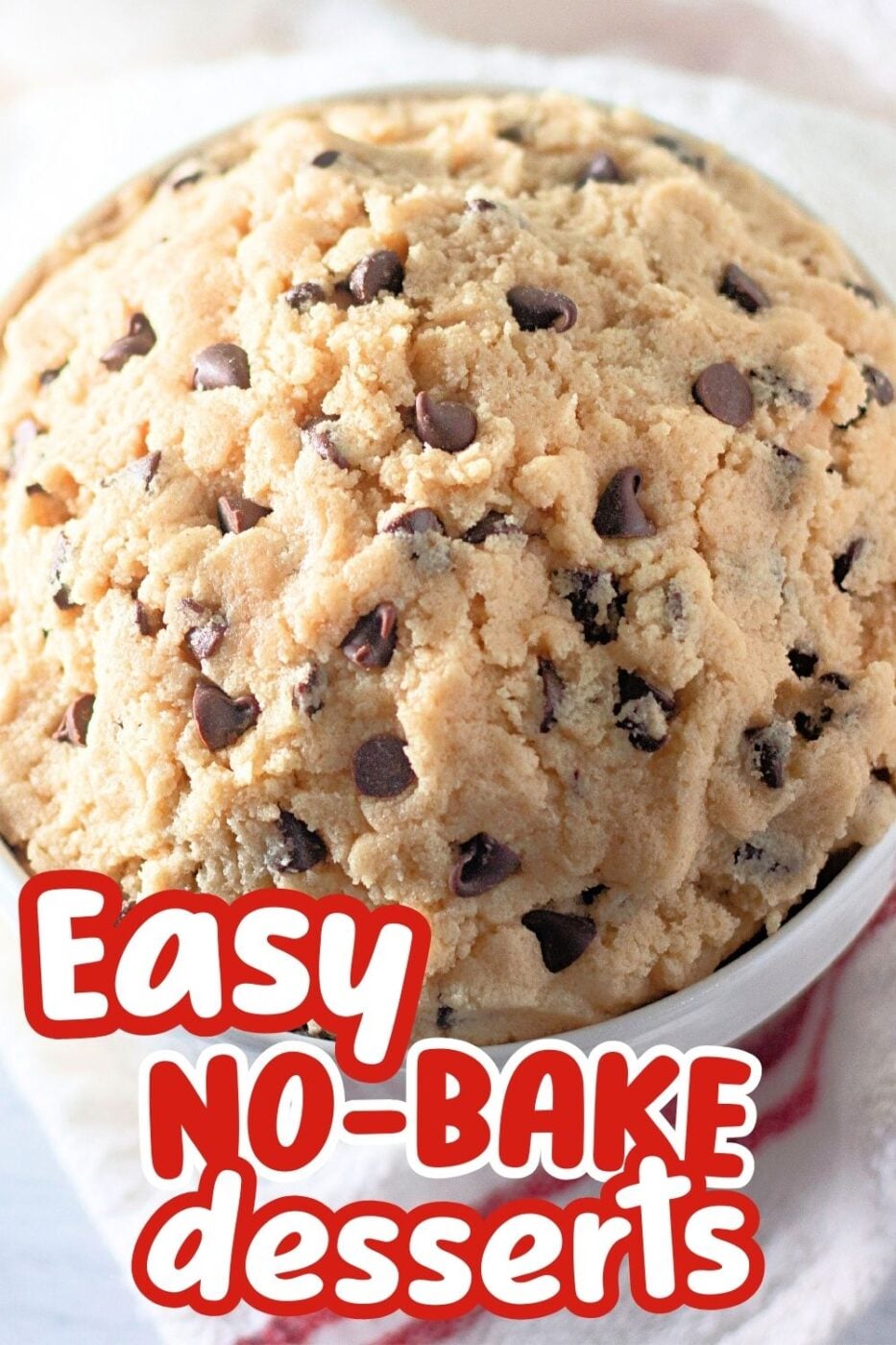 Closeup of chocolate chip cookie dough that can be safely eaten because there are no eggs and the flour is heat-treated to kill bacteria.