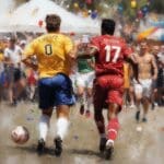 Digital painting of two soccer players from the back running off the field