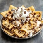 A plate of chocolate-chip-cookie nachos with whipped cream topping.