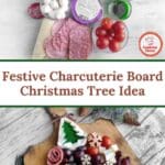 Christmas tree charcuterie board filled with holiday snacks and cheeses