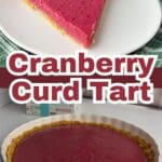 A cranberry curd tart with a smooth, bright filling and a unique cornflake crust.