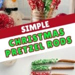 No-bake chocolate-dipped pretzel rods displayed with colorful Christmas sprinkles.