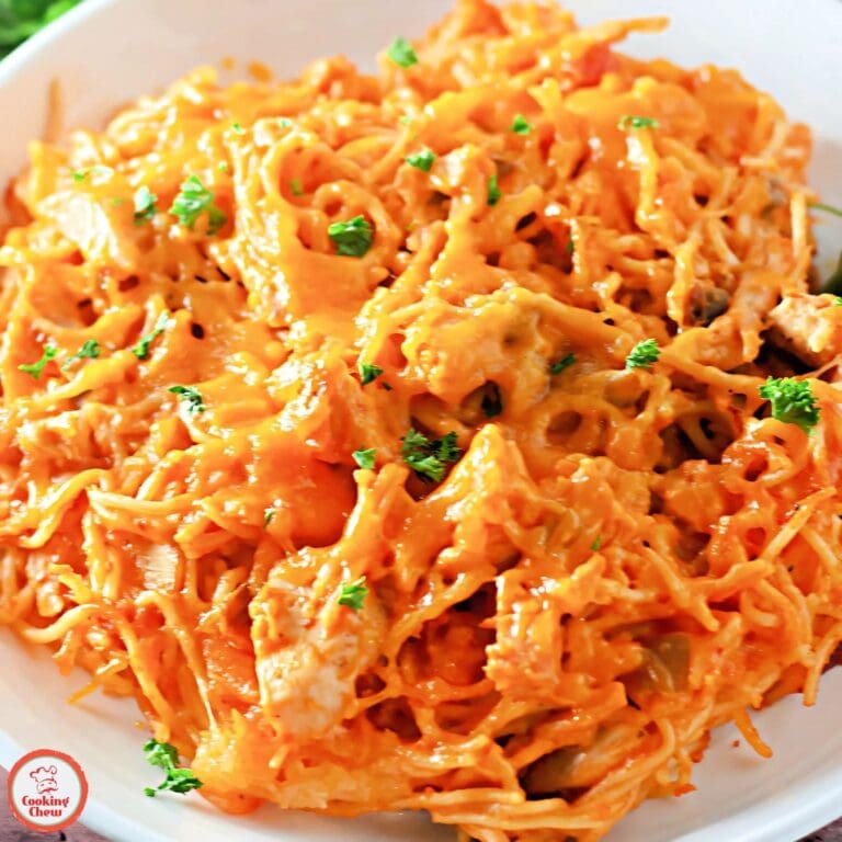 Tex-Mex chicken taco spaghetti, a creamy and cheesy comfort food dish.