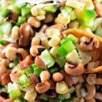 Fresh Texas Caviar with a sweet and tangy dressing, loaded with beans, corn, and chopped vegetables.