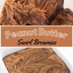 A plate of chocolate peanut butter swirl brownies with a bite taken out.