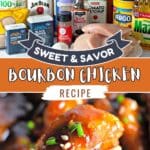 A plate of glazed bourbon chicken garnished with green onions.