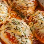 A cheesy marinara chicken bake fresh out of the oven, topped with melted mozzarella and fresh herbs.